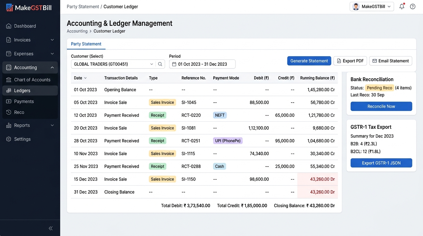 MakeGSTBill Accounting and Party Ledger Management Screenshot