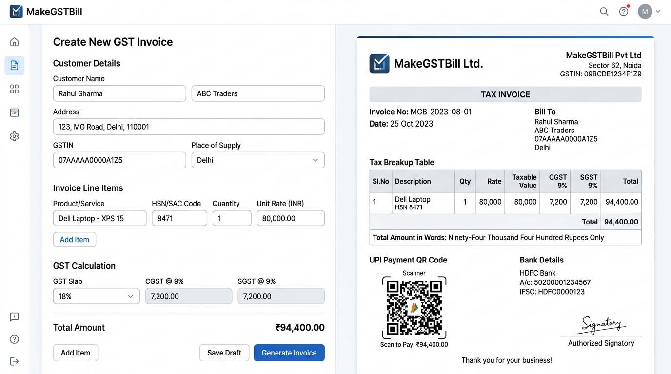 GST Invoice Creator Software Interface